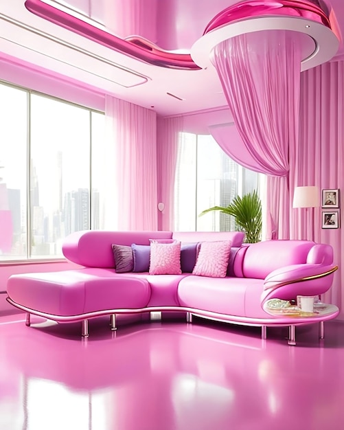 Sala de estar rosa futurista com ai gerada e sala de estar