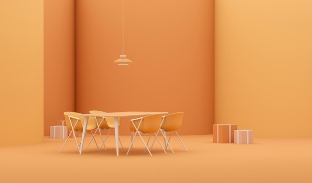 Sala de estar tendência de cores Apricot crush 2024 com mesa de jantar e luminária em fundo laranja