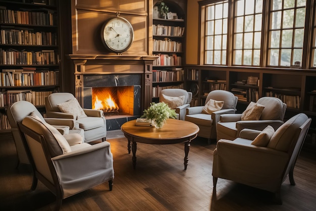Sala de estar tradicional aconchegante com uma lareira acesa, poltronas e estantes de livros sugerindo um caloroso relaxamento