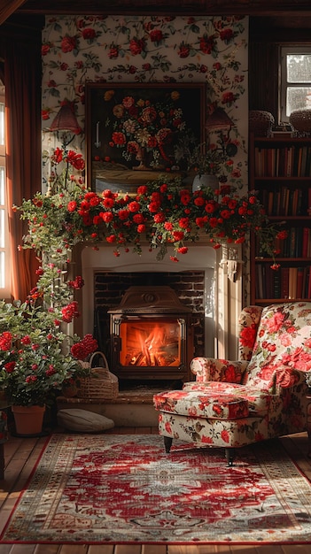 Sala de estar tradicional de casa de campo inglesa com padrões florais e lareira aconchegante