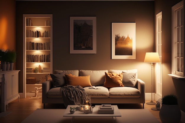 Sala de estar tranquila com iluminação baixa e paleta de cores quentes perfeita para relaxar após um longo dia