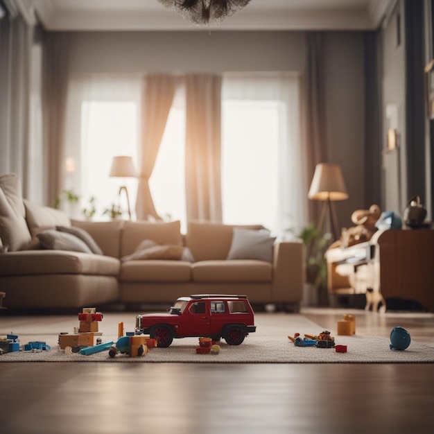 Foto sala de estar vazia com o papel de parede de brinquedos de crianças bagunçadas