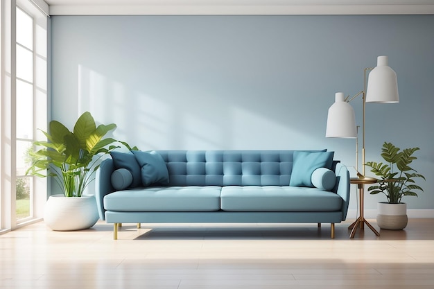 Sala de estar vazia com plantas de sofá azul e mesa em fundo de parede branca vazia renderização 3d
