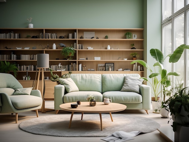 Sala de estar verde aconchegante complementada por iluminação suave AI Generative