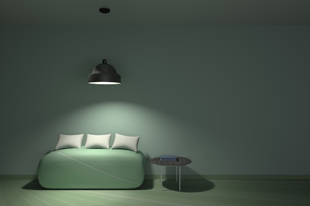 Sala de estar verde lâmpada acima do sofá e travesseiros de renderização em 3D