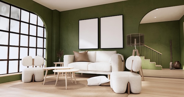 Sala de estar verde minimalista estilo muji Design de interiores com sofá wabisabi e decoração japandi renderização em 3D