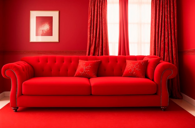 Sala de estar vermelha com um sofá vermelho e um sofá vermelho.
