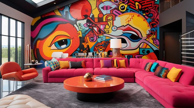 Foto sala de estar vibrante pop colorida com influência de arte pop ousada e decoração dinâmica