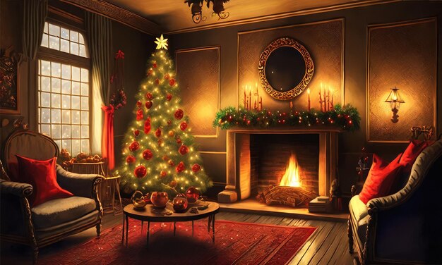 Foto sala de estar vintage com decorações de natal e árvore de natal em atmosfera escura no inverno