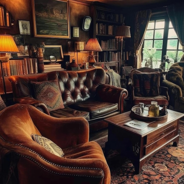 Sala de estar vintage com poltronas de couro e estante de livros