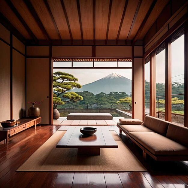 Sala de estar Zen arquitetura de estilo japonês moderna e aberta