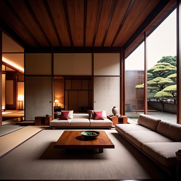 Sala de estar Zen arquitetura de estilo japonês moderna e aberta