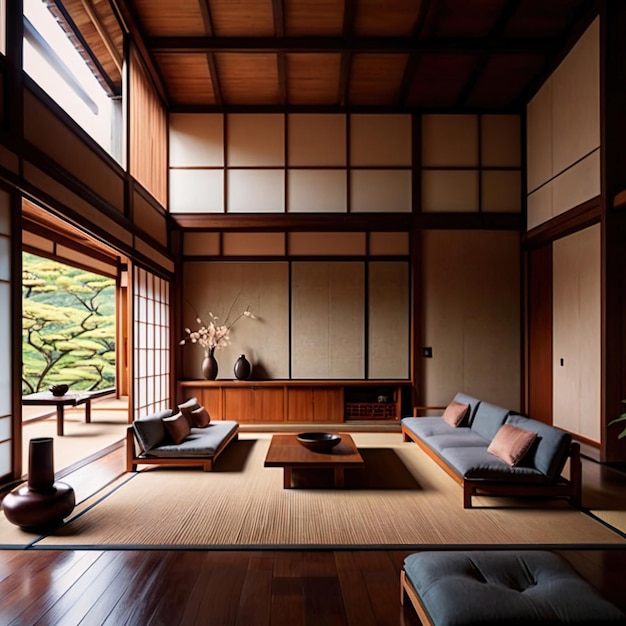 Sala de estar Zen arquitetura de estilo japonês moderna e aberta