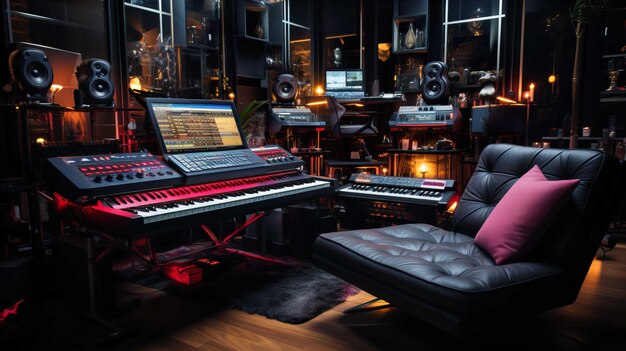 sala de estúdio de música moderna completa com instrumentos musicais boa iluminação gerar AI
