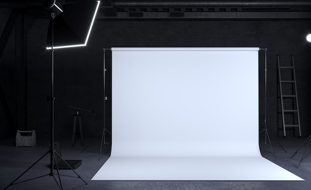 Sala de estúdio fotográfico com fundo branco, construção industrial