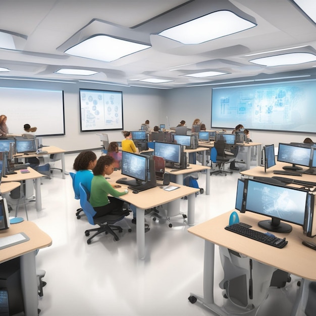 Foto sala de estudo moderna com tecnologia interessante para estudantes