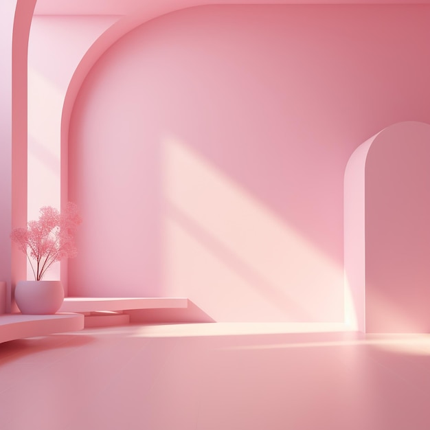 Sala de exposição de produtos no pódio rosa, cena simples para publicidade de produtos cosméticos
