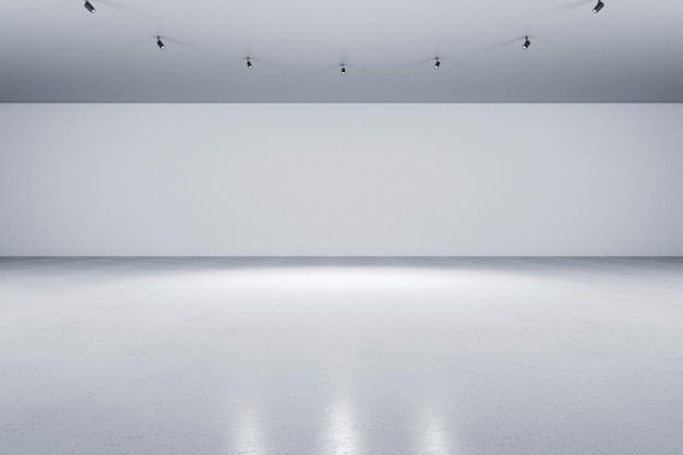 Sala de exposições vazia abstrata com holofotes e piso de concreto cinza e galeria de parede em branco ou maquete de fundo de museu moderno Renderização em 3D
