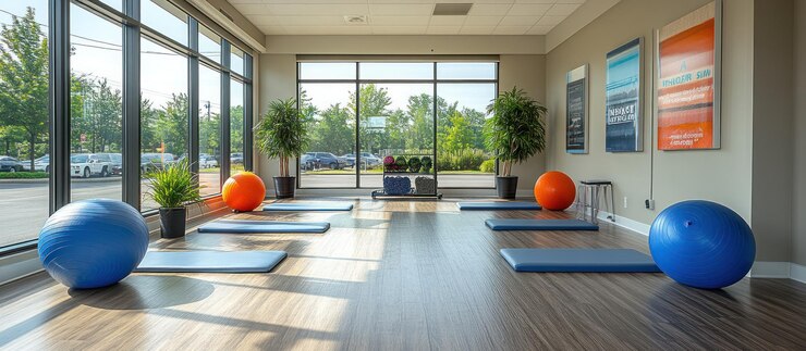 Foto sala de fitness de estúdio iluminada pelo sol com bolas de exercício e tapetes