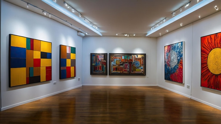 Foto sala de galeria com murais artísticos e iluminação de galeria