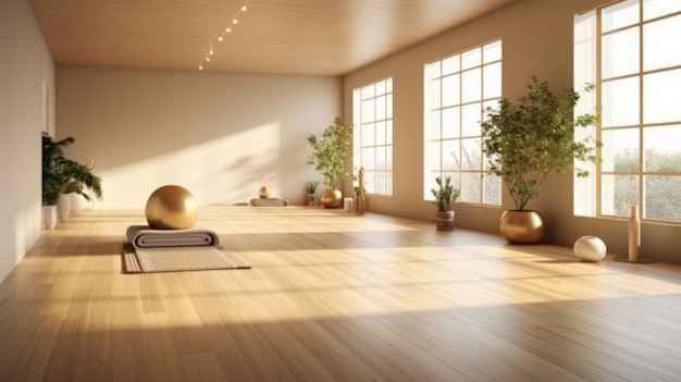 Sala de ginástica com bolas de exercícios e plantas de tapete de ioga IA generativa