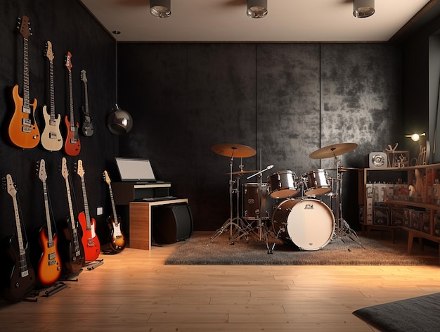 Sala de gravação de estúdio de música em parede preta gerada por IA