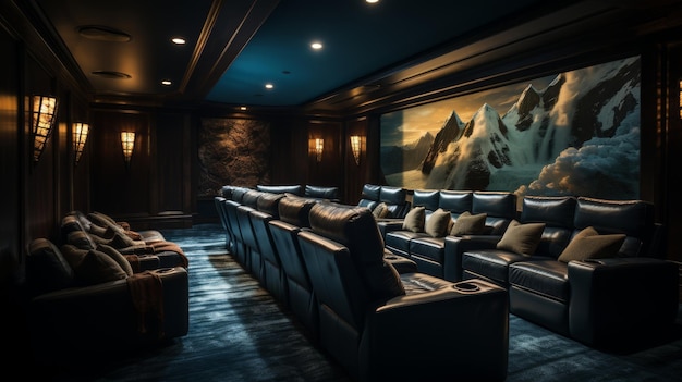 Sala de home theater de luxo com sofás de couro de pelúcia
