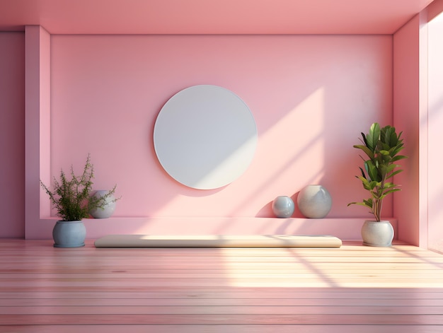 Sala de ioga rosa com sol vem de grande janela um tapete e um sofá renderização 3D