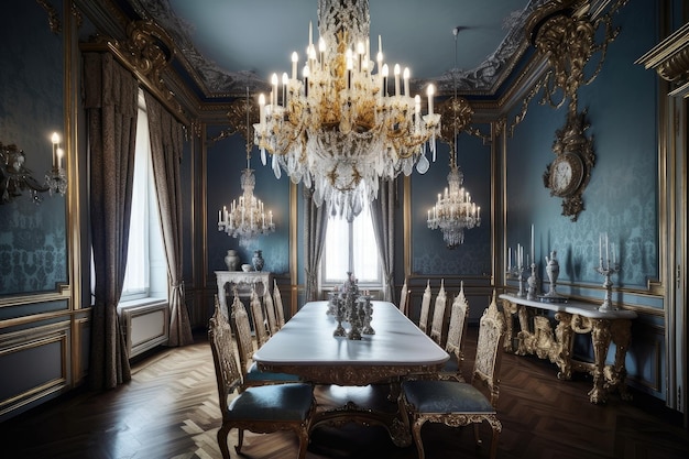 Sala de jantar barroca com lustre ornamentado e detalhes dourados