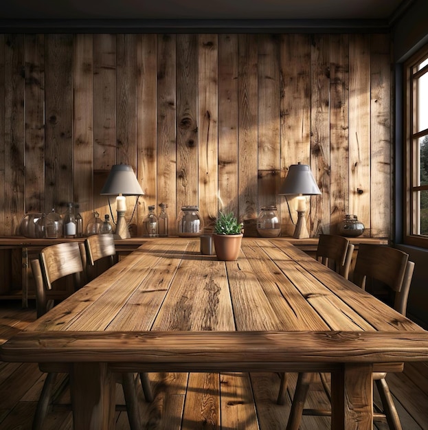 Sala de jantar com cadeira e mesa de madeira