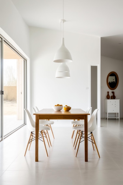 Sala de jantar com cadeiras de mesa e grande porta de vidro deslizante Generative AI