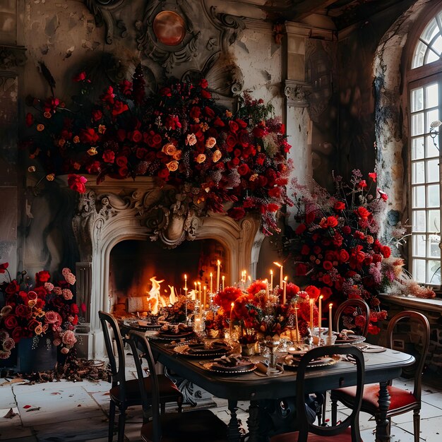 Sala de jantar com cadeiras de mesa lareira decorada com flores vermelhas velas