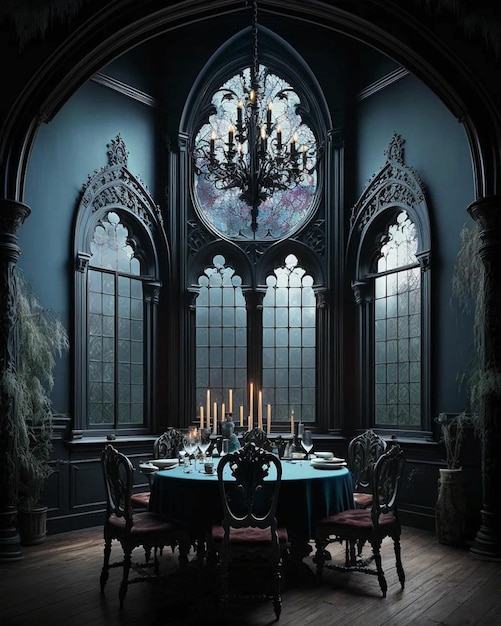 Sala de jantar com lustre e mesa com toalha azul.