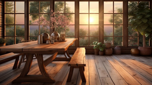 Sala de jantar com piso de madeira e mesa