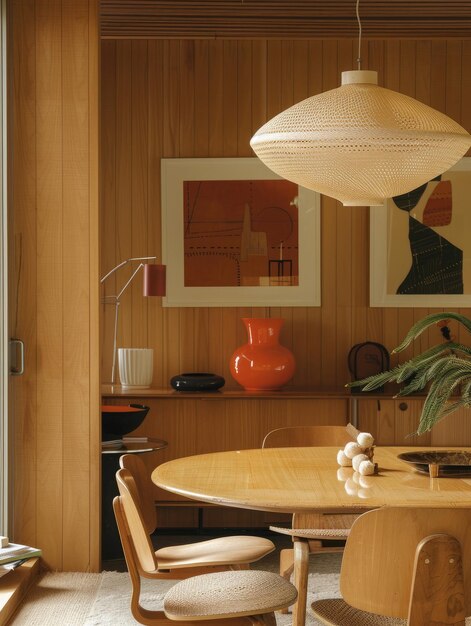 Sala de jantar de estilo escandinavo brilhante e arejada com lâmpadas pendentes tecidas e cadeiras clássicas de madeira curva