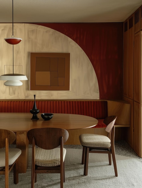 Foto sala de jantar de estilo escandinavo brilhante e arejada com lâmpadas pendentes tecidas e cadeiras clássicas de madeira curva