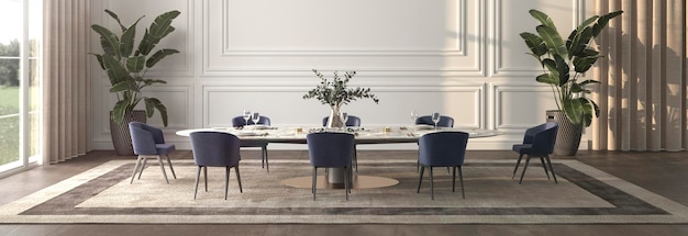 Sala de jantar de luxo com serviço e plantas 3d render ilustração design de interiores Web banner