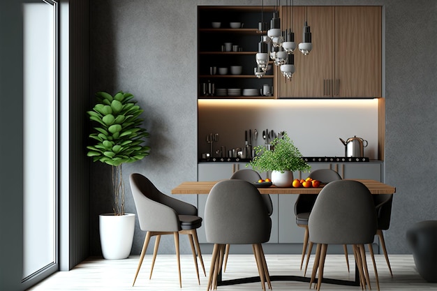 Sala de jantar design de interiores e decoração em estilo contemporâneo moderno, mesa de madeira e cadeiras com despensa de cozinha, parede de concreto cinza e piso em parquet de madeira