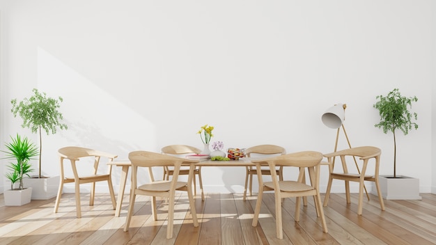 Sala de jantar e sala de reuniões com a luz do sol na janela. renderização 3d.