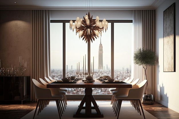 Sala de jantar elegante com lustre de design e vista panorâmica da cidade 3D render ilustração 3D