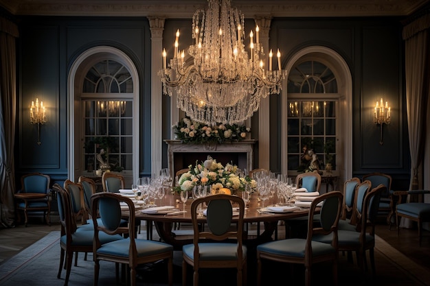 Sala de jantar elegante com lustre imponente