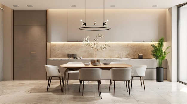 Sala de jantar elegante de apartamento com paredes e móveis de cor neutra