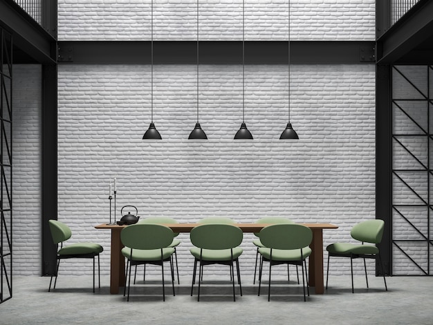 Sala de jantar em estilo loft industrial renderização 3d. há parede de tijolo branco, piso de concreto polido e estrutura de aço preto. mobiliada com cadeira de tecido verde e mesa de madeira.