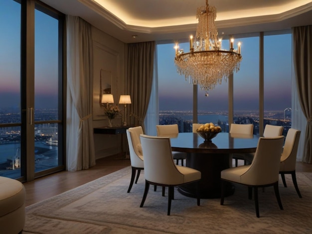 Sala de jantar luxuosa com vista para a cidade e o oceano