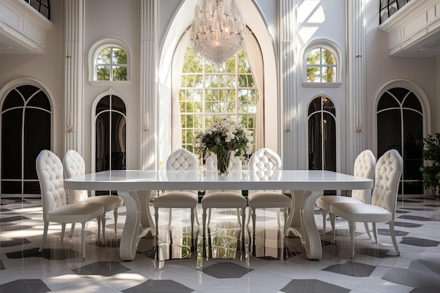 Sala de jantar luxuosa exclusiva com mesa branca ninguém