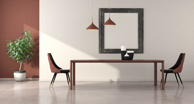 Sala de jantar minimalista com mesa de madeira e cadeiras elegantes