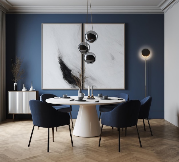 Sala de jantar moderna com decoração azul elegante e toque artístico