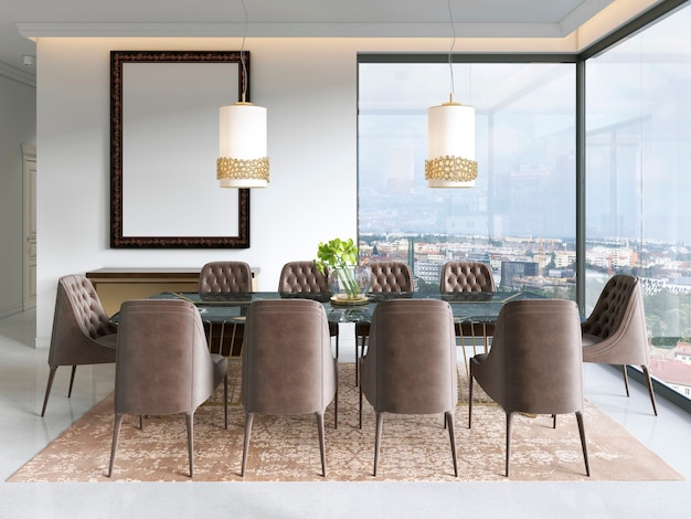 Foto sala de jantar moderna com lâmpadas penduradas, cadeiras e mesas arrumadas com itens sofisticados no piso de mármore. renderização 3d
