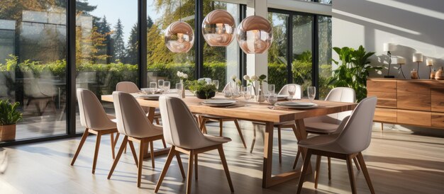 Sala de jantar moderna com mesa de madeira e cadeiras com vista panorâmica