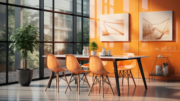 Sala de jantar moderna com mesa e cadeiras laranja